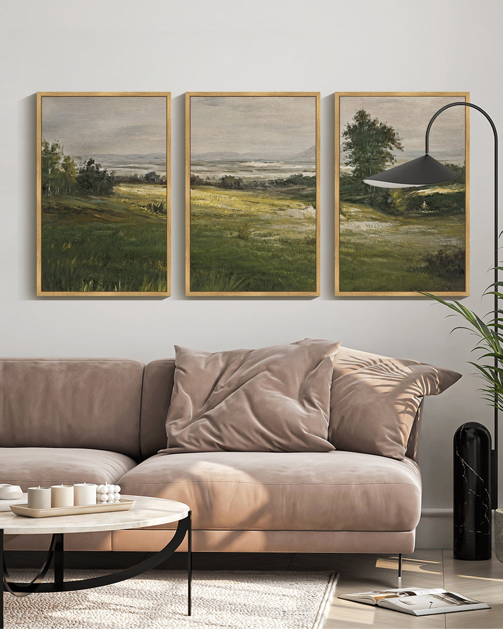 Vintage Landscape Framed Wall Art 16x24in3pcs Large The Vast Grassland Retro Classic Paints Rustic Farmhouse Living Room Bedroom Natural Framed