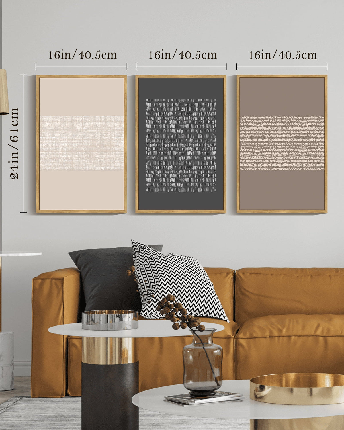 Drsoum 16x24in3pcs Brown Framed Boho Vintage Canvas Print Wall Art Geometric Pattern Abstract Shapes Modern Art