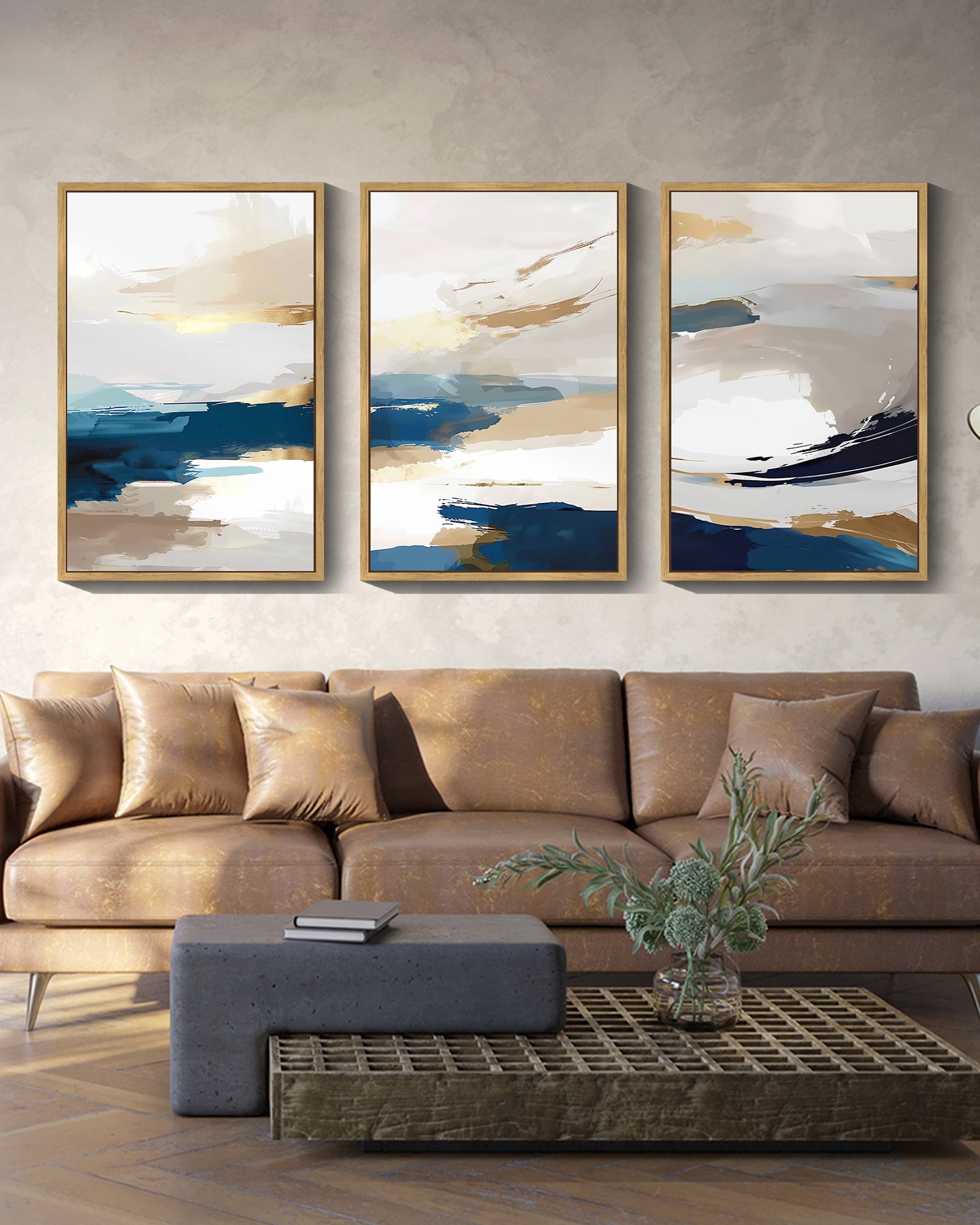 Drsoum Blue Abstract Wall Art 24x36in3pcs Large Natural Framed Modern Minimalist Painting Decor Graffiti Artwork