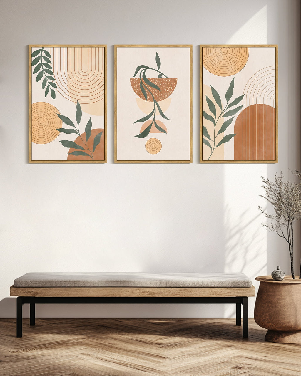 Drsoum Large 24x36in3pcs Natural Framed Boho Wall Art Plant Bohemia Decor Room Mid Century Modern Abstract Sun Phases Painting