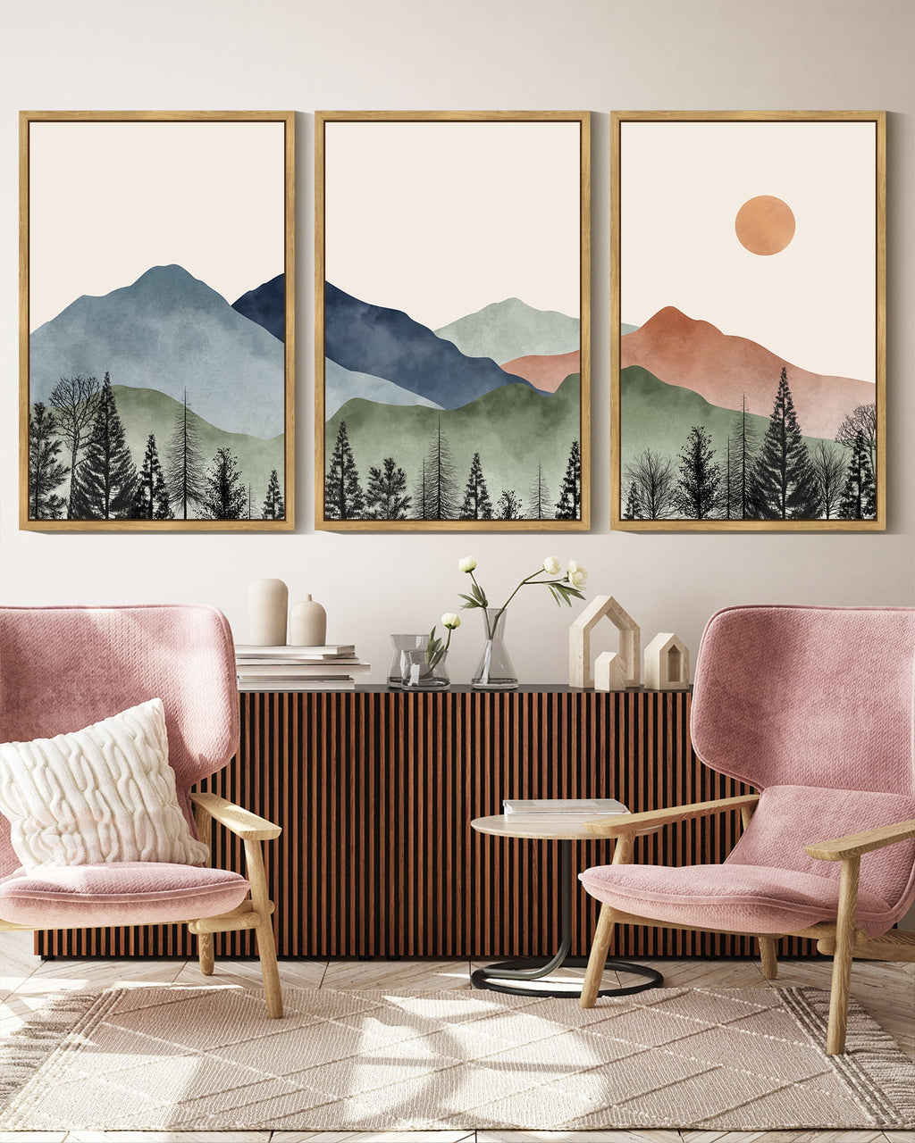 Drsoum Mountain Wall Art 16x24in3pcs Brown Framed Classic Retro Floral Wall Prints Farmhouse Kitchen Hallway Bedroom Decor