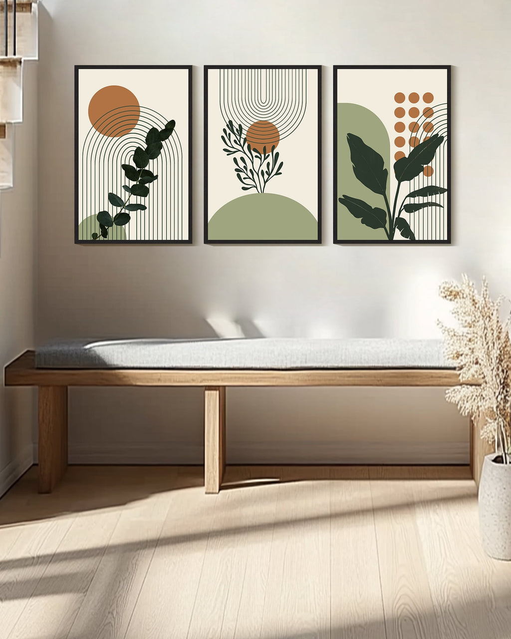 Drsoum 16x24in3pcs Black Framed Boho Plant Wall Decor Green Botanical Bohemain Wall Printing Abstract Prints with Leaf & Sun Lines Art