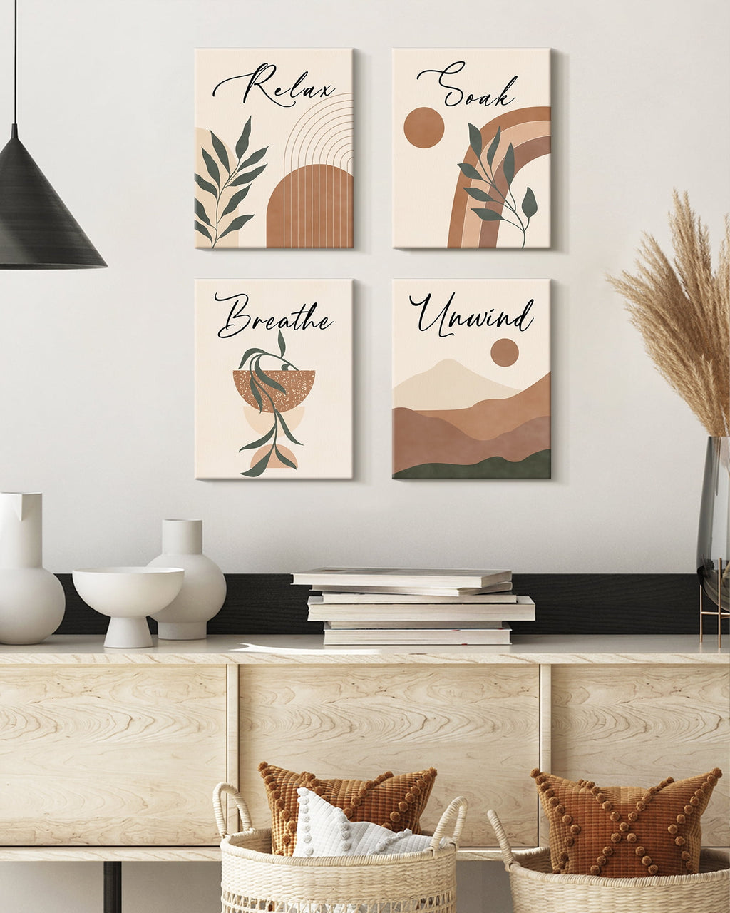 Drsoum Bohemia Plant Art Wall Decor Natural Framed Boho Wall Printing Abstract with Leaf & Sun Lines Bedroom Living Room Decor 8x10in4pcs