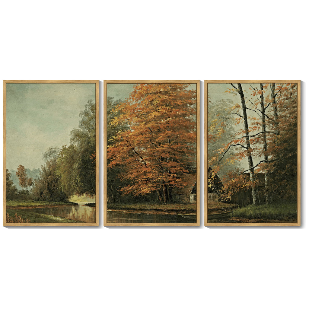 Countryside River Vintage Landscape Framed Wall Art 16x24in3pcs Large Retro Classic Farmhouse Paints Rustic Living Room Bedroom Natural Framed