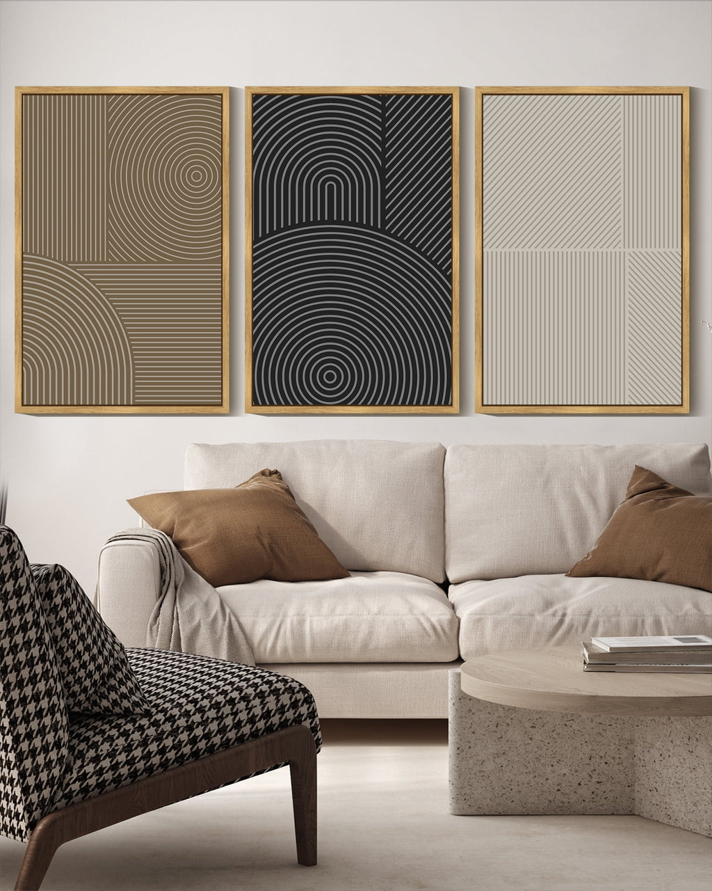 Drsoum Minimalist Abstract Wall Art 16x24in3pcs Natural Framed Modern Line Decor Geometric Artwork Kitchen Dining Room
