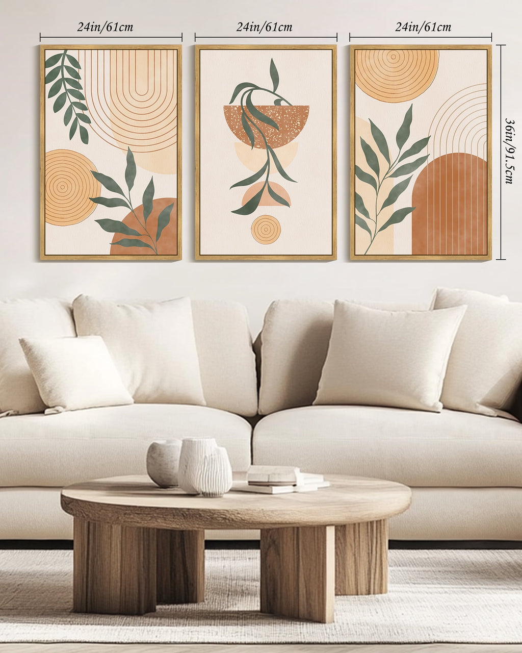 Drsoum Large 24x36in3pcs Natural Framed Boho Wall Art Plant Bohemia Decor Room Mid Century Modern Abstract Sun Phases Painting