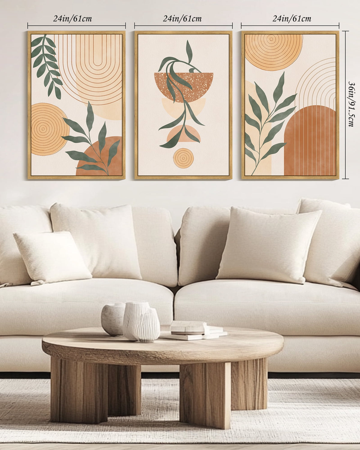 Drsoum Large 24x36in3pcs Natural Framed Boho Wall Art Plant Bohemia Decor Room Mid Century Modern Abstract Sun Phases Painting