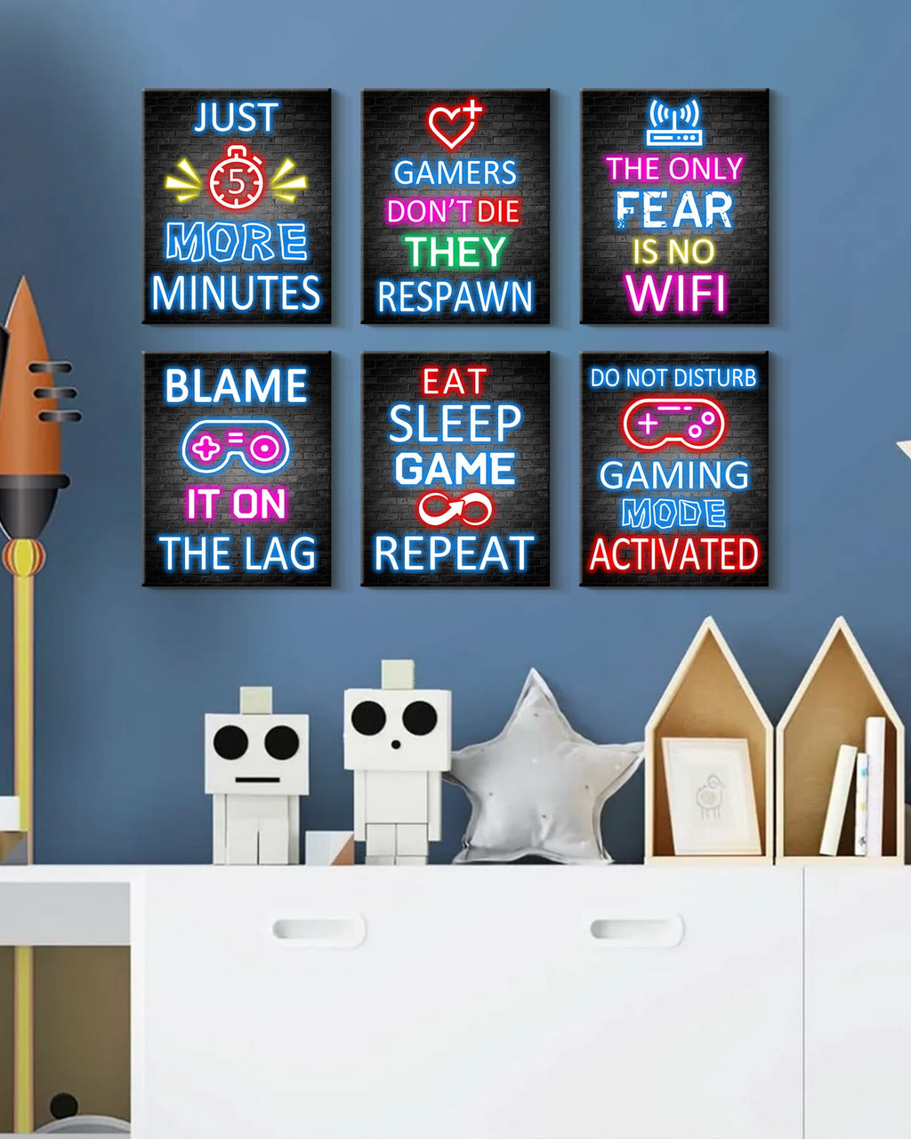 Drsoum Gamer Room Wall Art for Boys Gaming Neon Gaming Room Decor Gamer Decor Teenage Boy Room 8x10in6pcs Natural Framed