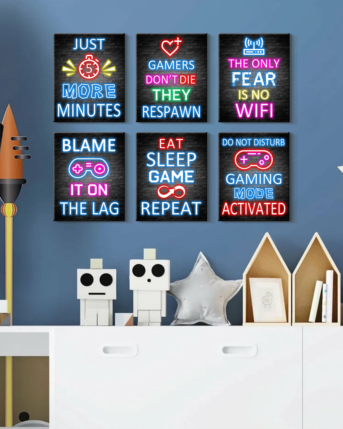 Drsoum Gamer Room Wall Art for Boys Gaming Neon Gaming Room Decor Gamer Decor Teenage Boy Room 8x10in6pcs Natural Framed