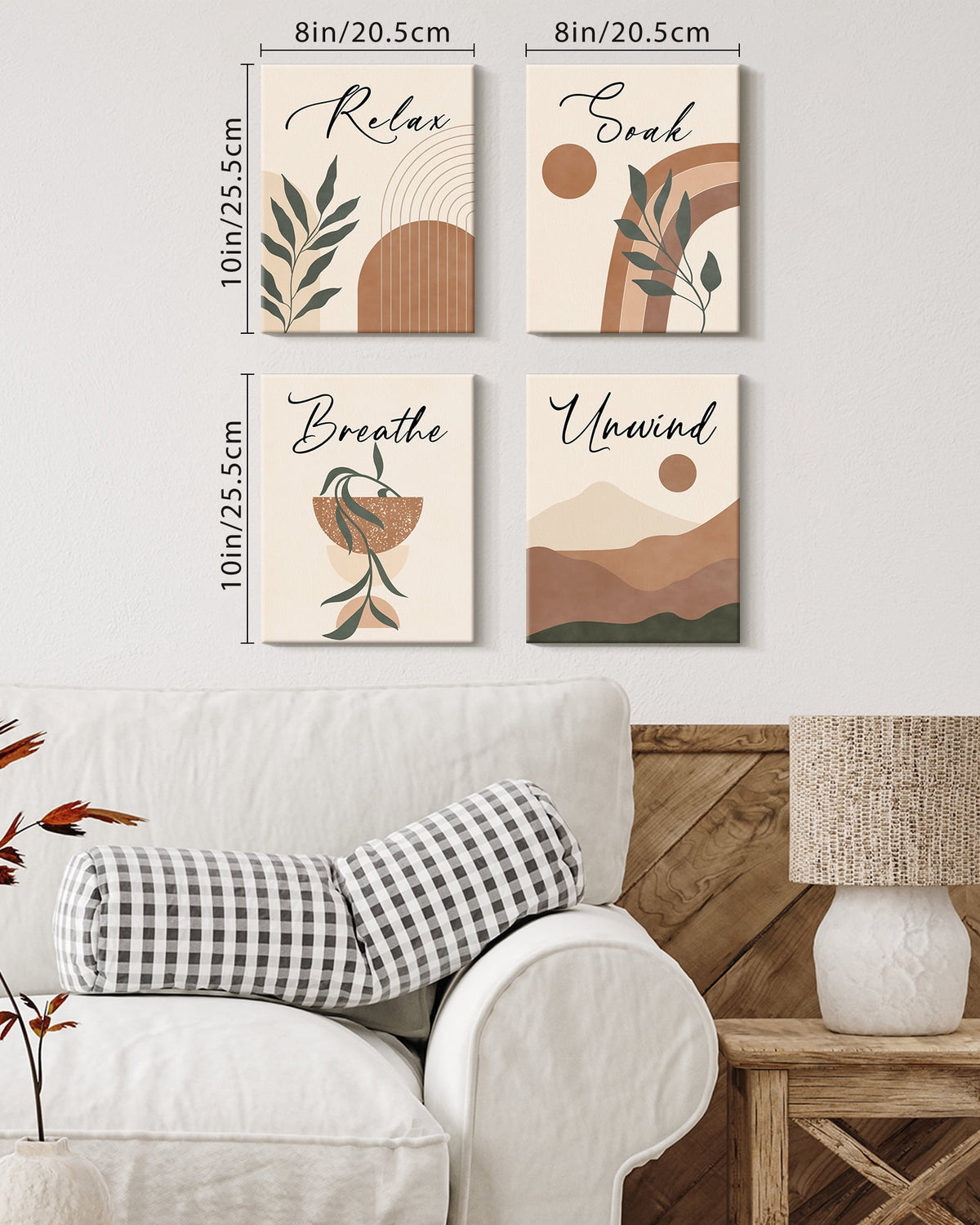 Drsoum Bohemia Plant Art Wall Decor Natural Framed Boho Wall Printing Abstract with Leaf & Sun Lines Bedroom Living Room Decor 8x10in4pcs