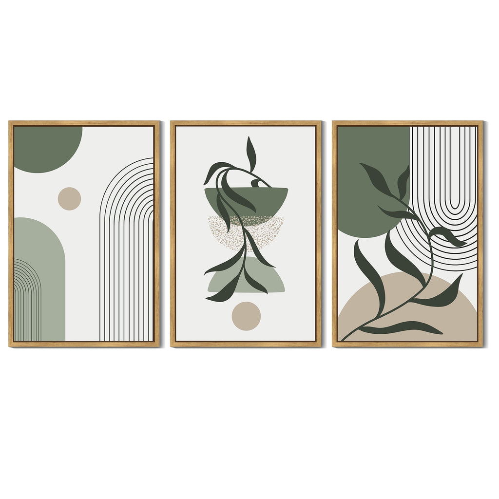 Drsoum Boho Wall Art 16x24in3pcs Natural Framed Green Modern Bohemia Abstract Geometry Prints for Bedroom