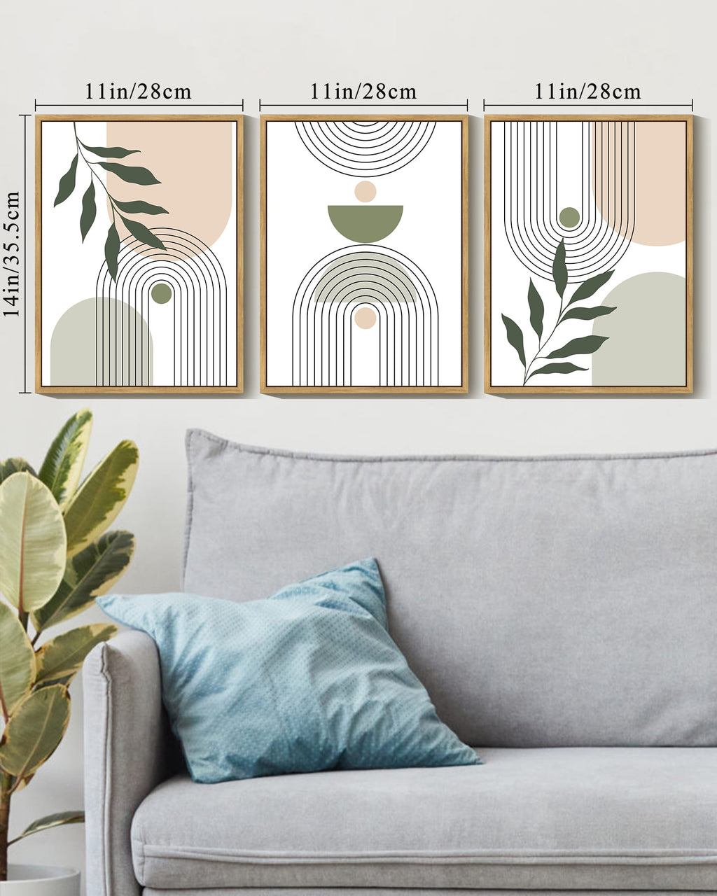 Drsoum Plant Wall Art Green Botanical Abstract Decor for Office Bathroom 11x14in3pcs Natural Framed