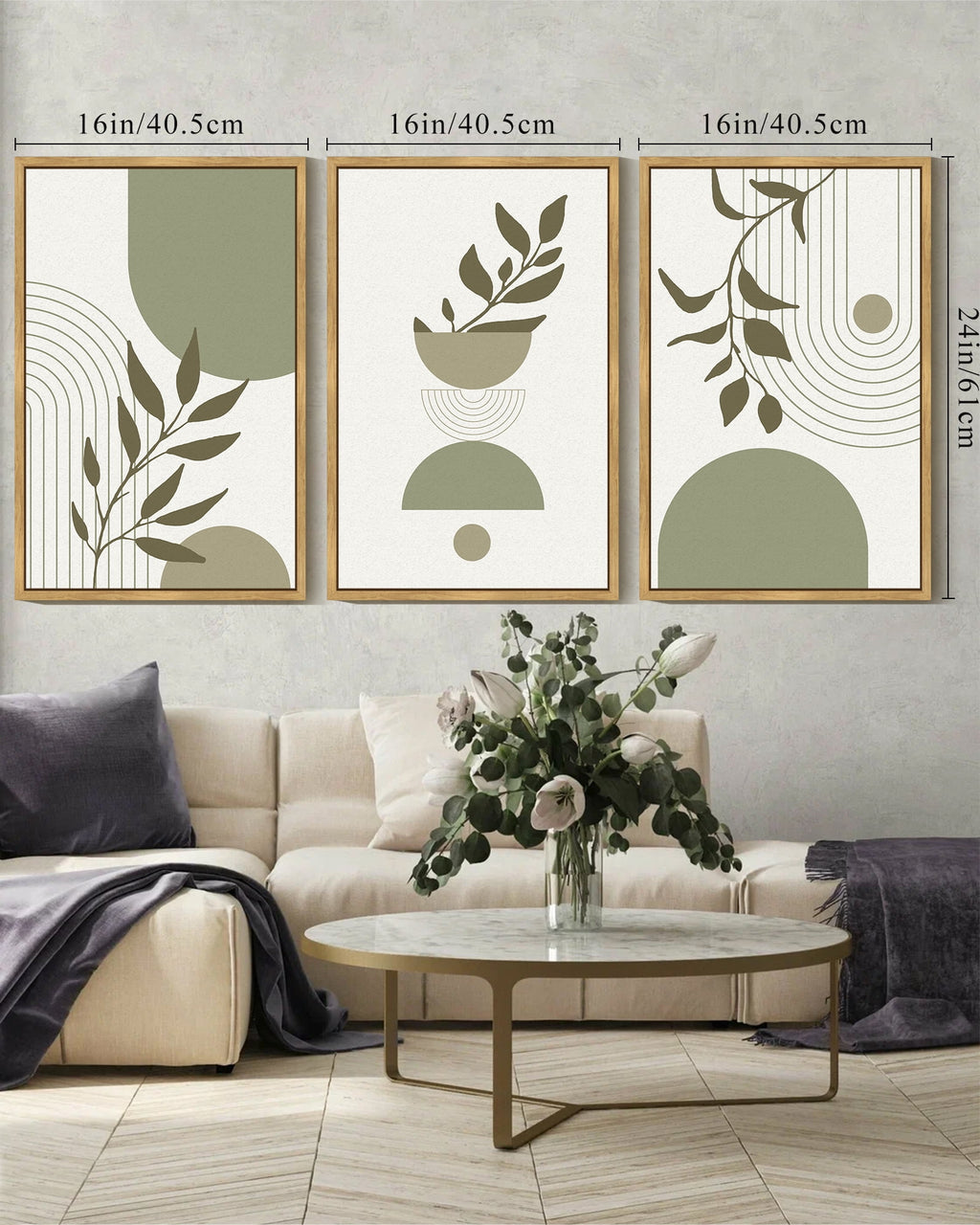 Drsoum Green Botanical Boho Wall Art 16x24in3pcs Natural Framed Modern Boho Decor Abstract Geometry Lines Prints