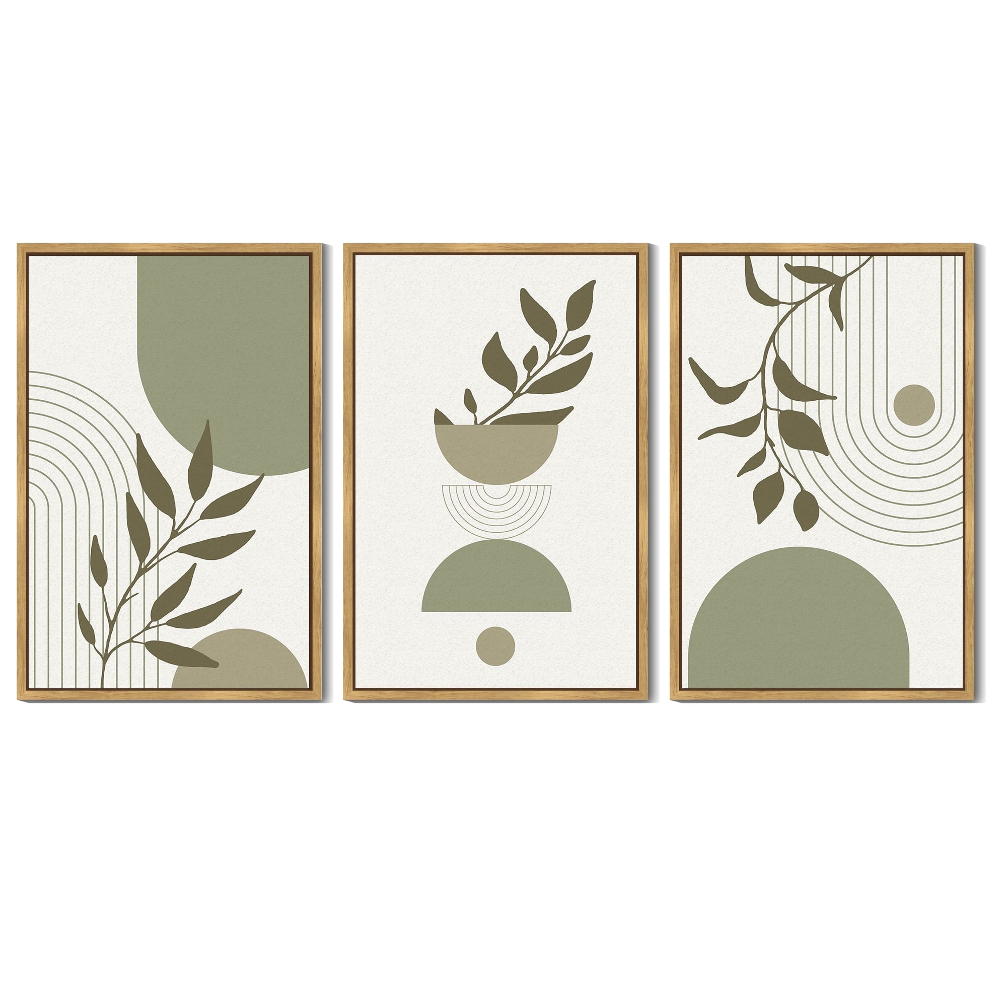 Drsoum Green Botanical Boho Wall Art 16x24in3pcs Natural Framed Modern Boho Decor Abstract Geometry Lines Prints