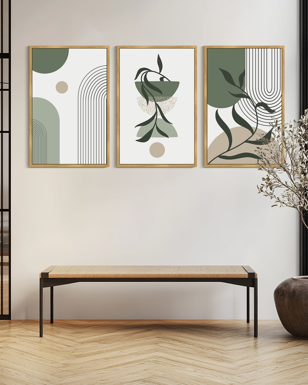 Drsoum Large 24x36in3pcs Natural Framed Boho Wall Art Green Modern Bohemia Wall Decor Abstract Geometry Prints for Bedroom