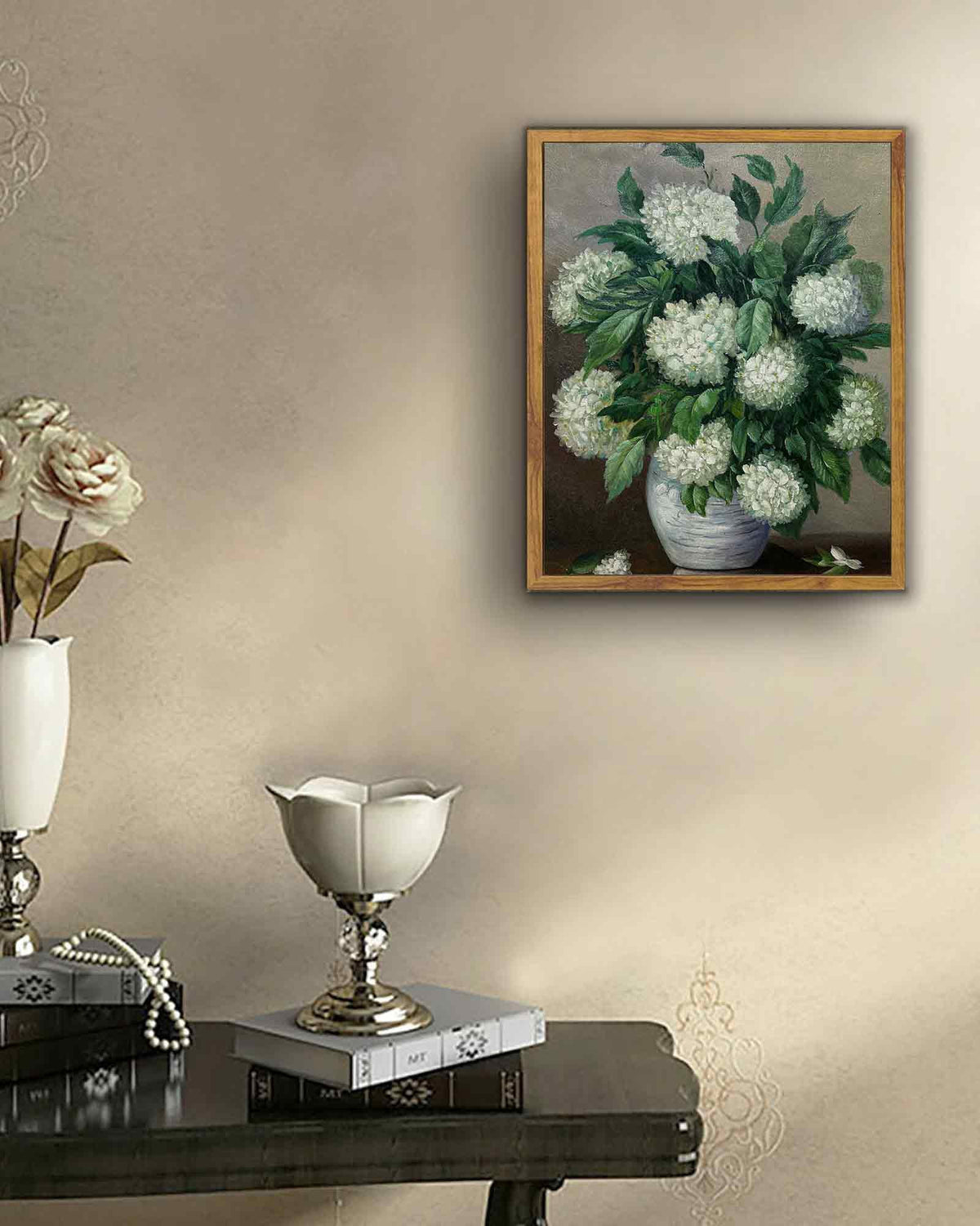 Drsoum Framed Canvas Wall Decor Vintage Classical White Hydrangea Flower Room Artwork for Bathroom Bedroom Living Room - 8x10in Natural Framed