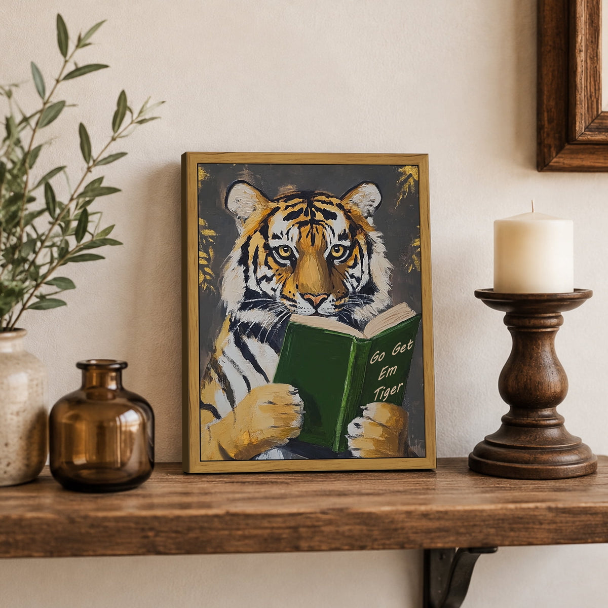 Drsoum Vintage Tiger Reading Book Wall Art Framed Canvas 8x10 In