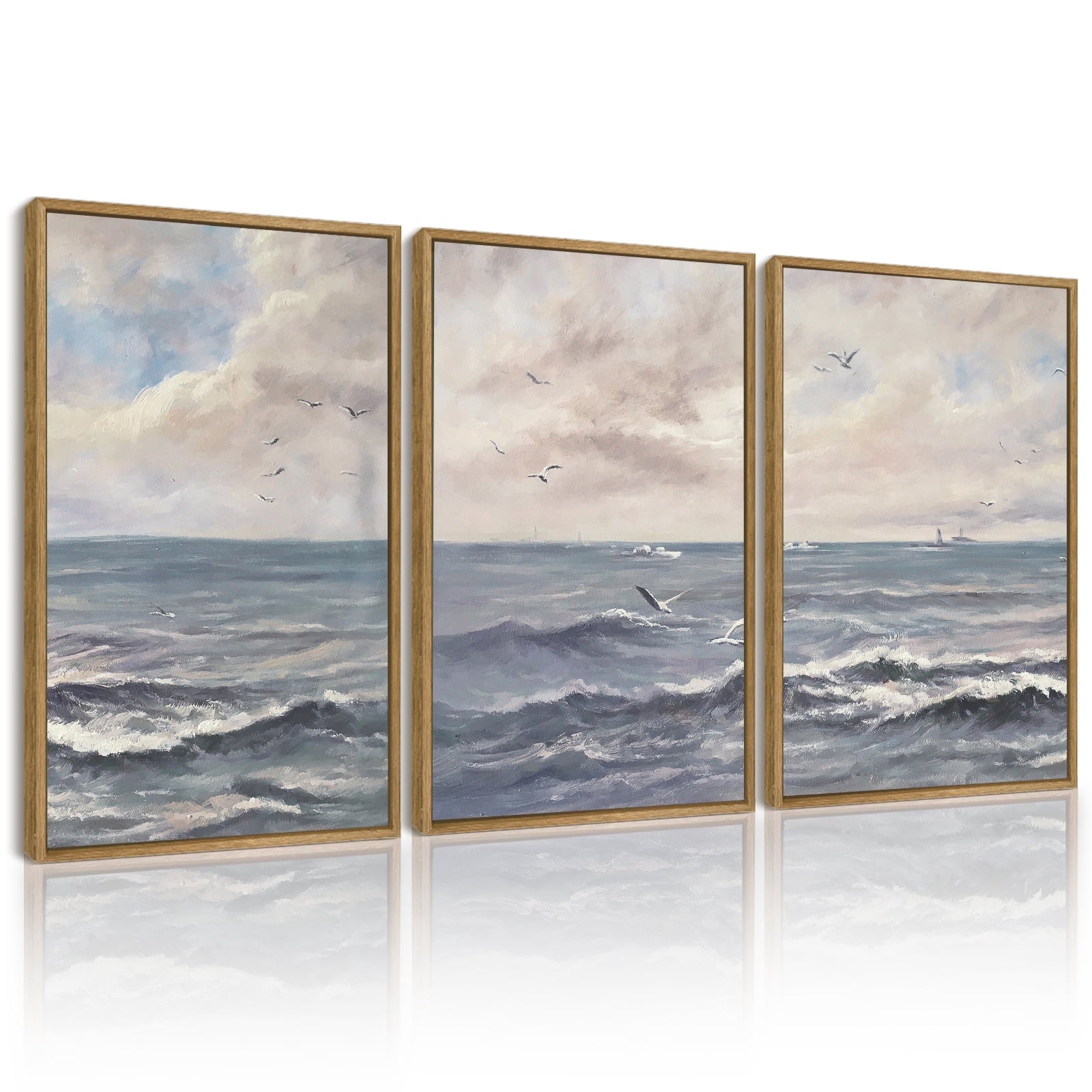 Drsoum Vintage Sea Landscape 24x36in Brown Framed Wall Art Ocean Retro Classic Farmhouse Paints Rustic