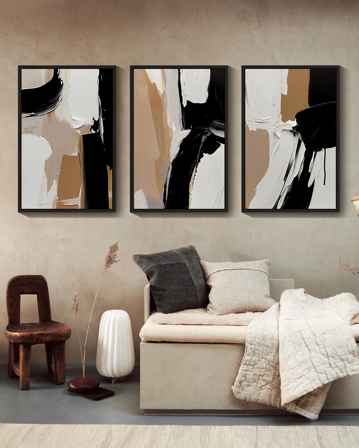 Drsoum Large Black Abstract Wall Art 24x36in3pcs Black Framed Modern Minimalist Painting Decor Graffiti Artwork