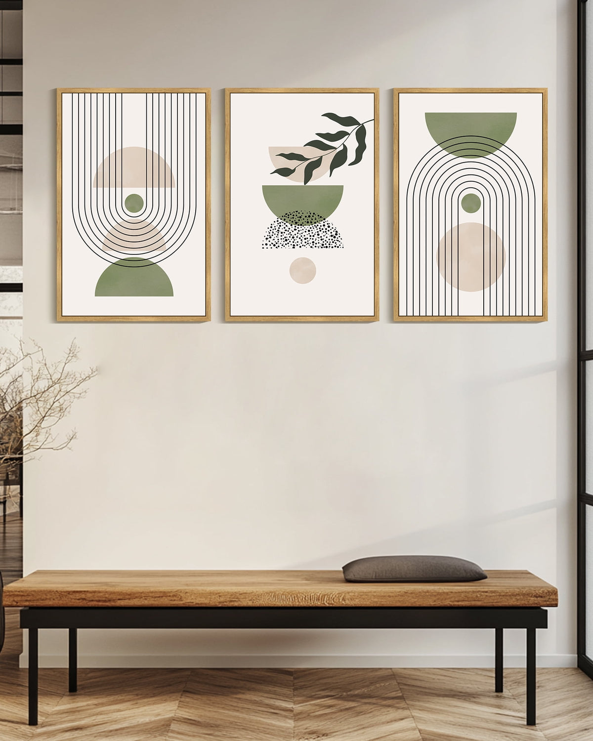 Drsoum Large 24x36in3pcs Natural Framed Leaf Boho Wall Art Green Botanical Printing Minimalist for Bathroom Prints