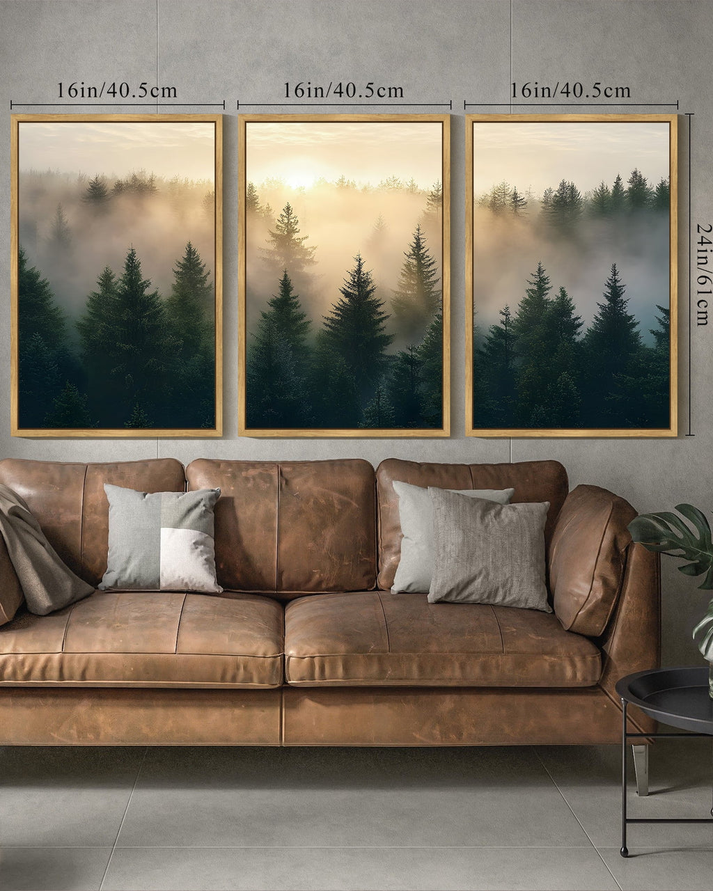 Drsoum Fog Pine Green Tree Forest Art 16x24in3pcs Natural Framed Nordic Modern Mountain Artwork Prints Decor