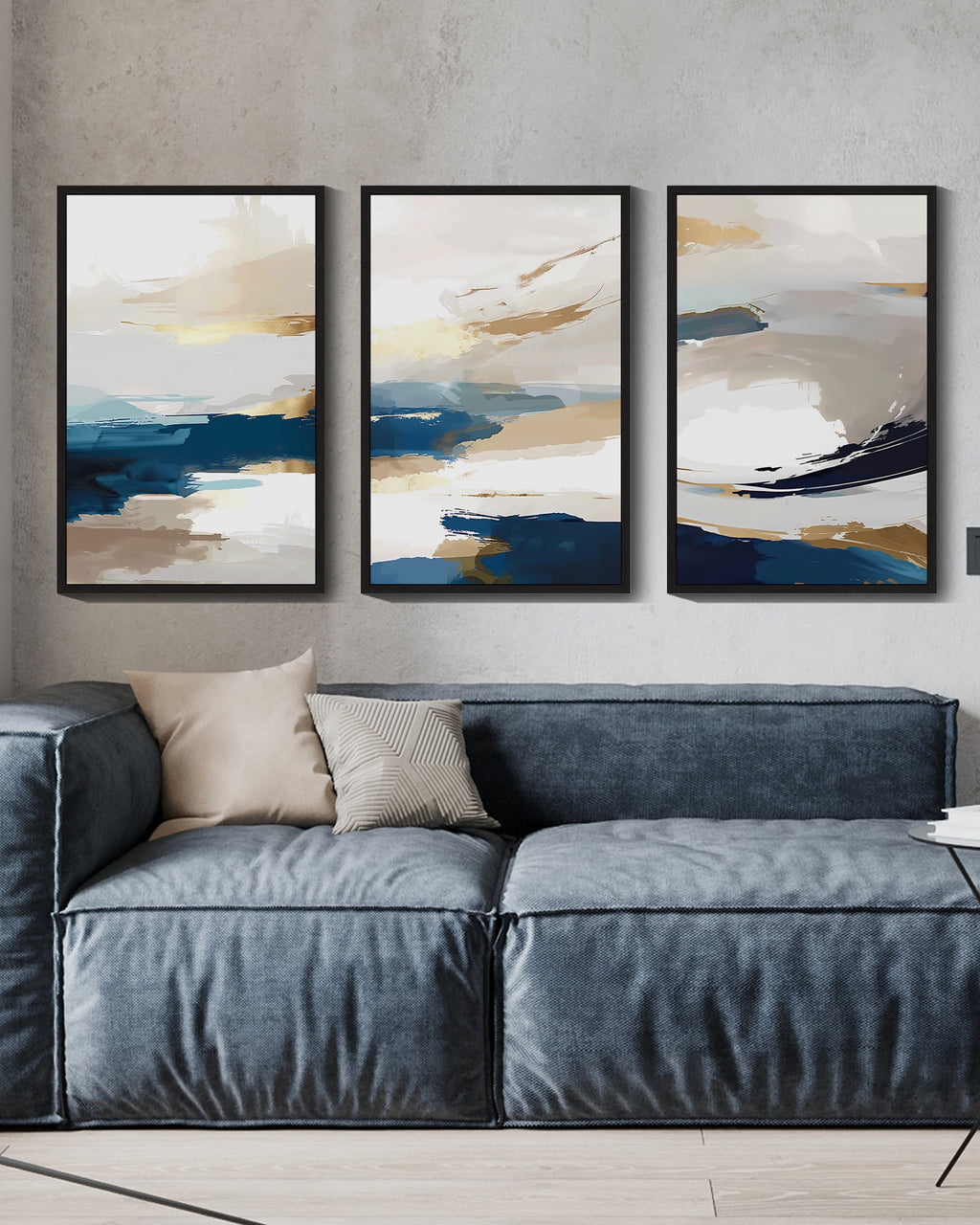 Drsoum 16x24in3pcs Black Framed Blue Abstract Wall Art Modern Minimalist Painting Decor Graffiti Artwork Decor