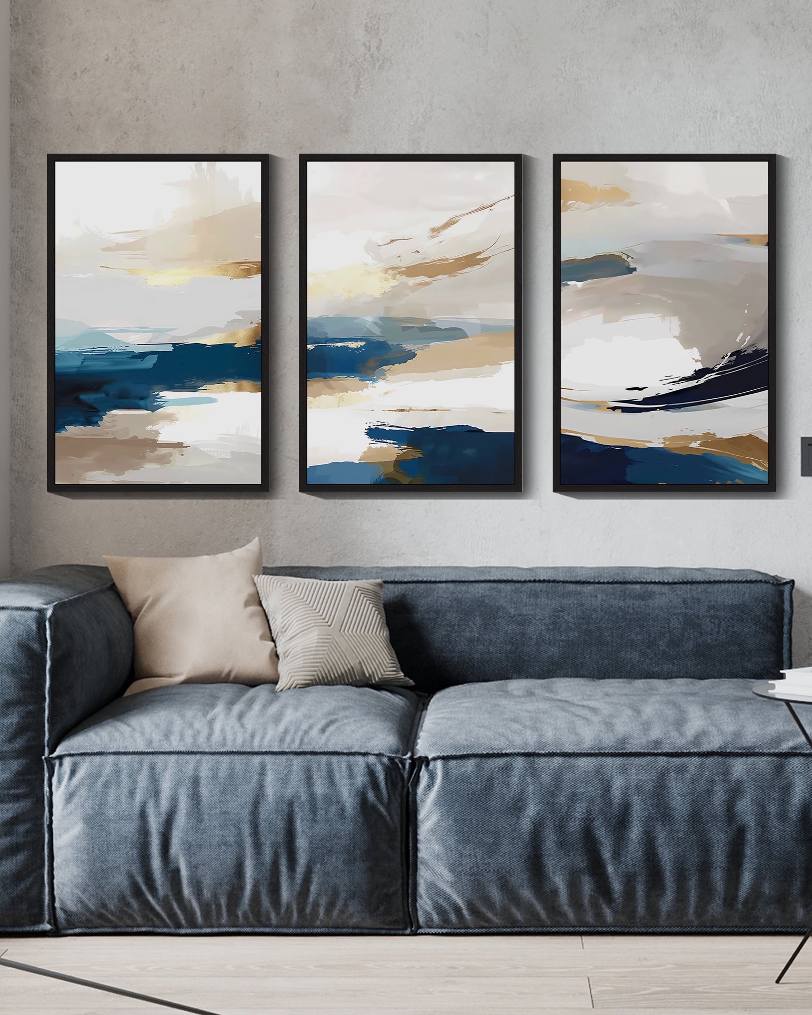 Drsoum 16x24in3pcs Black Framed Blue Abstract Wall Art Modern Minimalist Painting Decor Graffiti Artwork Decor