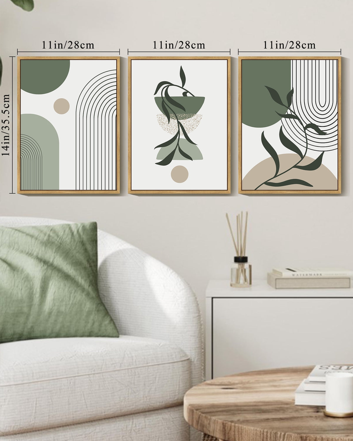 Drsoum Boho Wall Art Green Modern Bohemia Abstract Geometry Prints for Bedroom 11x14in3pcs Natural Framed