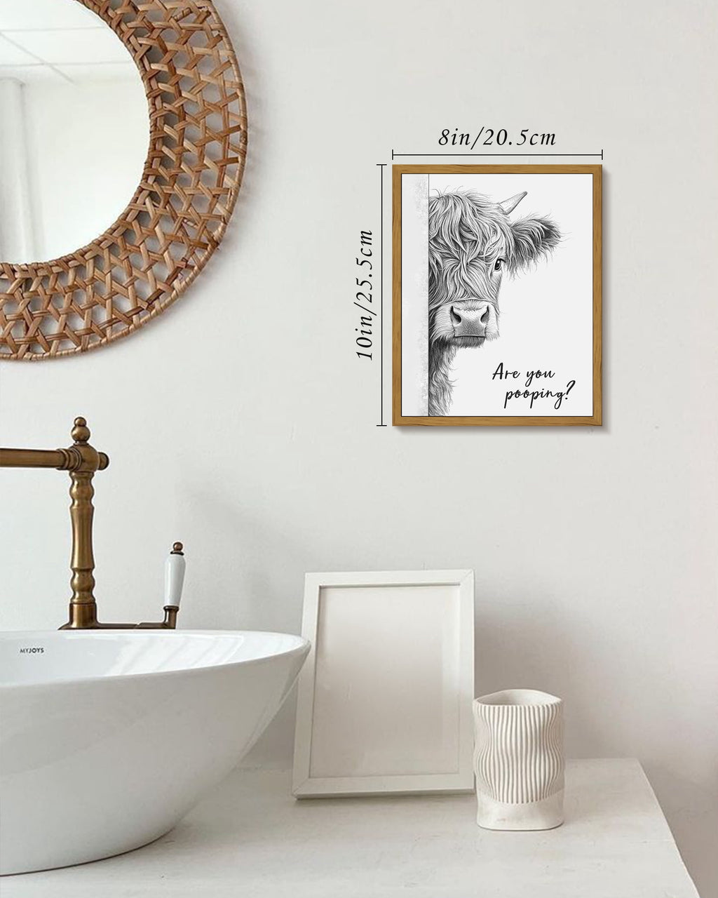 Drsoum Funny Highland Cow Bathroom Wall Art Rustic Farmhouse Wall Decor with Humorous Are You Pooping Canvas Print Cute Animal Canvas Art for Restroom 8x10in Brown Framed