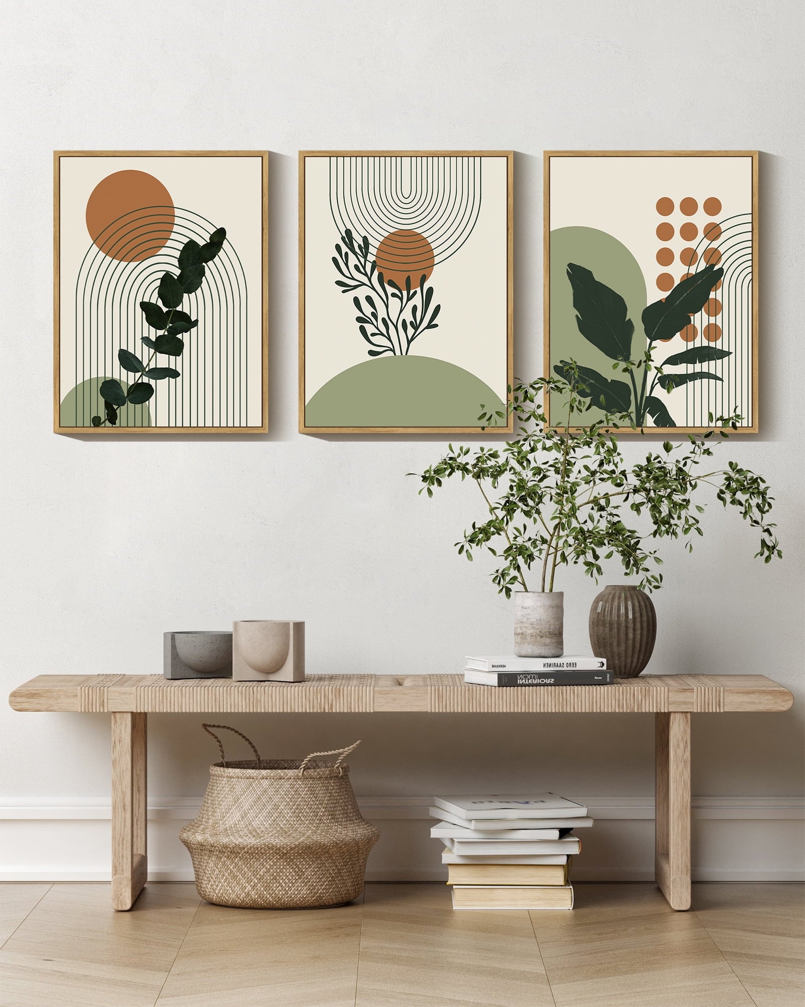 Boho Plant Wall Art 11x14in Natural Framed Green Botanical Bohemain Wall Printing Abstract Canvas Prints with Leaf & Sun Lines for Office Dining Room Hallway