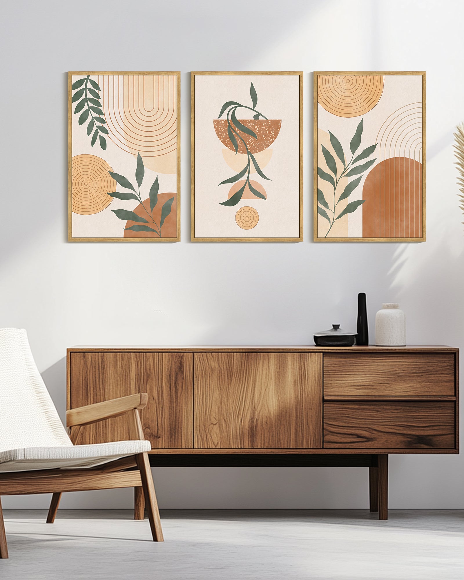 Drsoum Large 24x36in3pcs Natural Framed Boho Wall Art Plant Bohemia Decor Room Mid Century Modern Abstract Sun Phases Painting