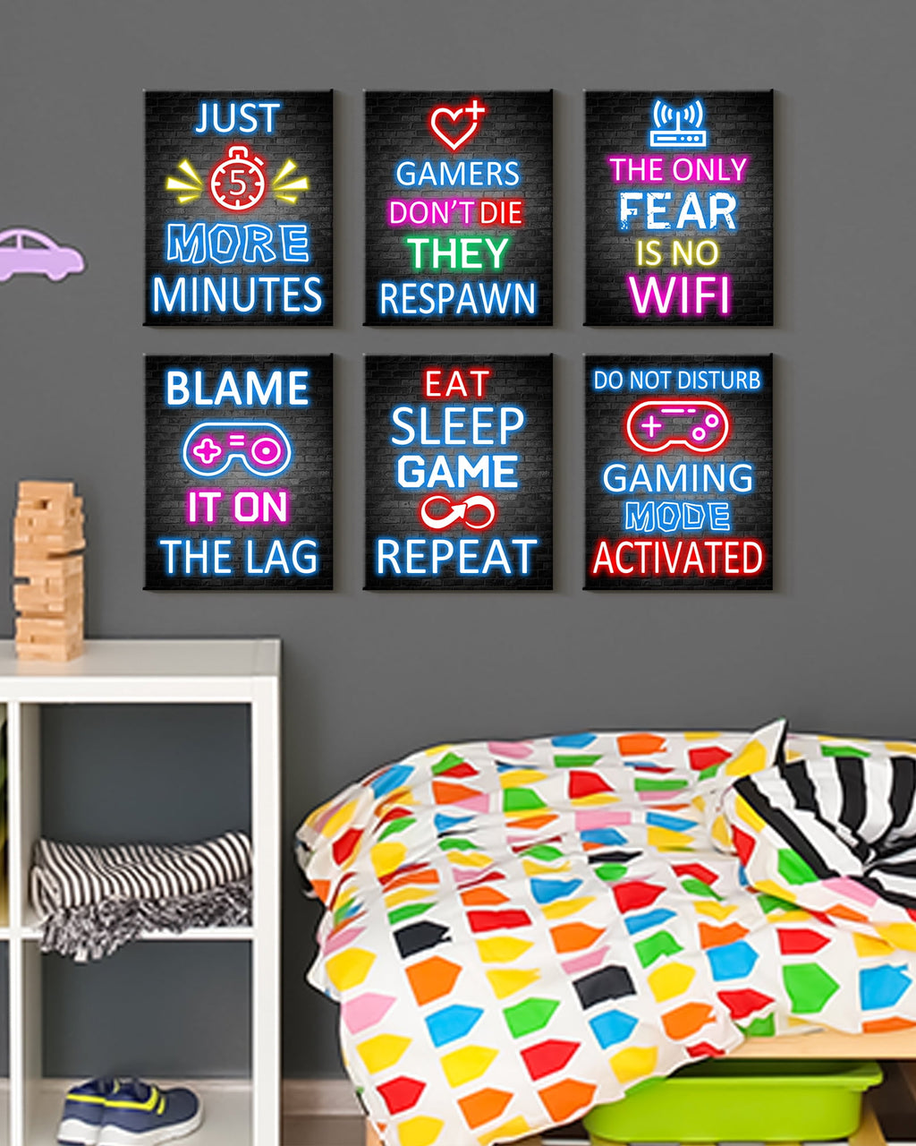 Drsoum Gamer Room Wall Art for Boys Gaming Neon Gaming Room Decor Gamer Decor Teenage Boy Room 8x10in6pcs Natural Framed