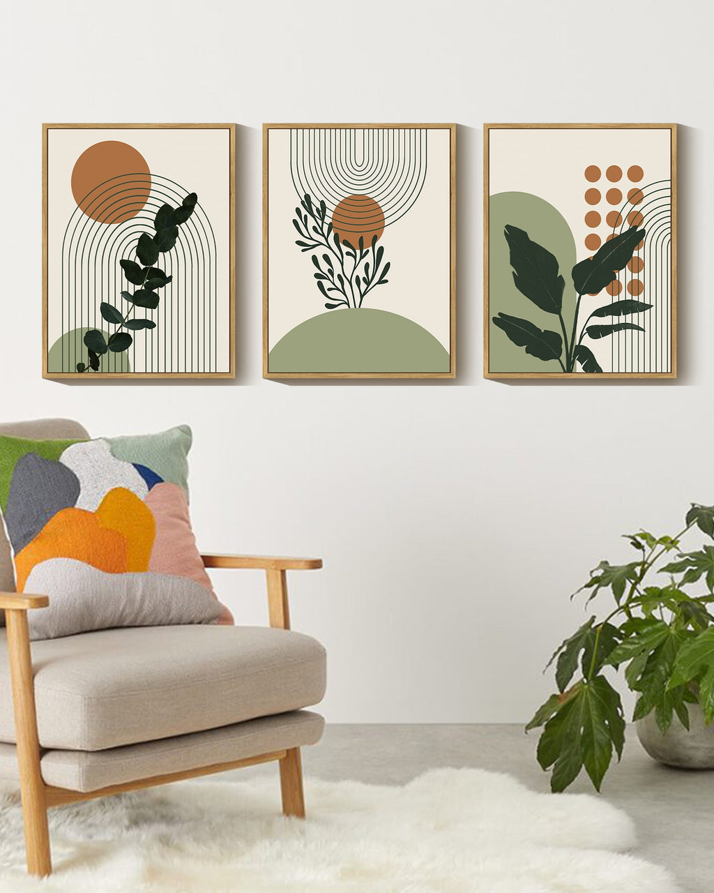 Boho Plant Wall Art 11x14in Natural Framed Green Botanical Bohemain Wall Printing Abstract Canvas Prints with Leaf & Sun Lines for Office Dining Room Hallway
