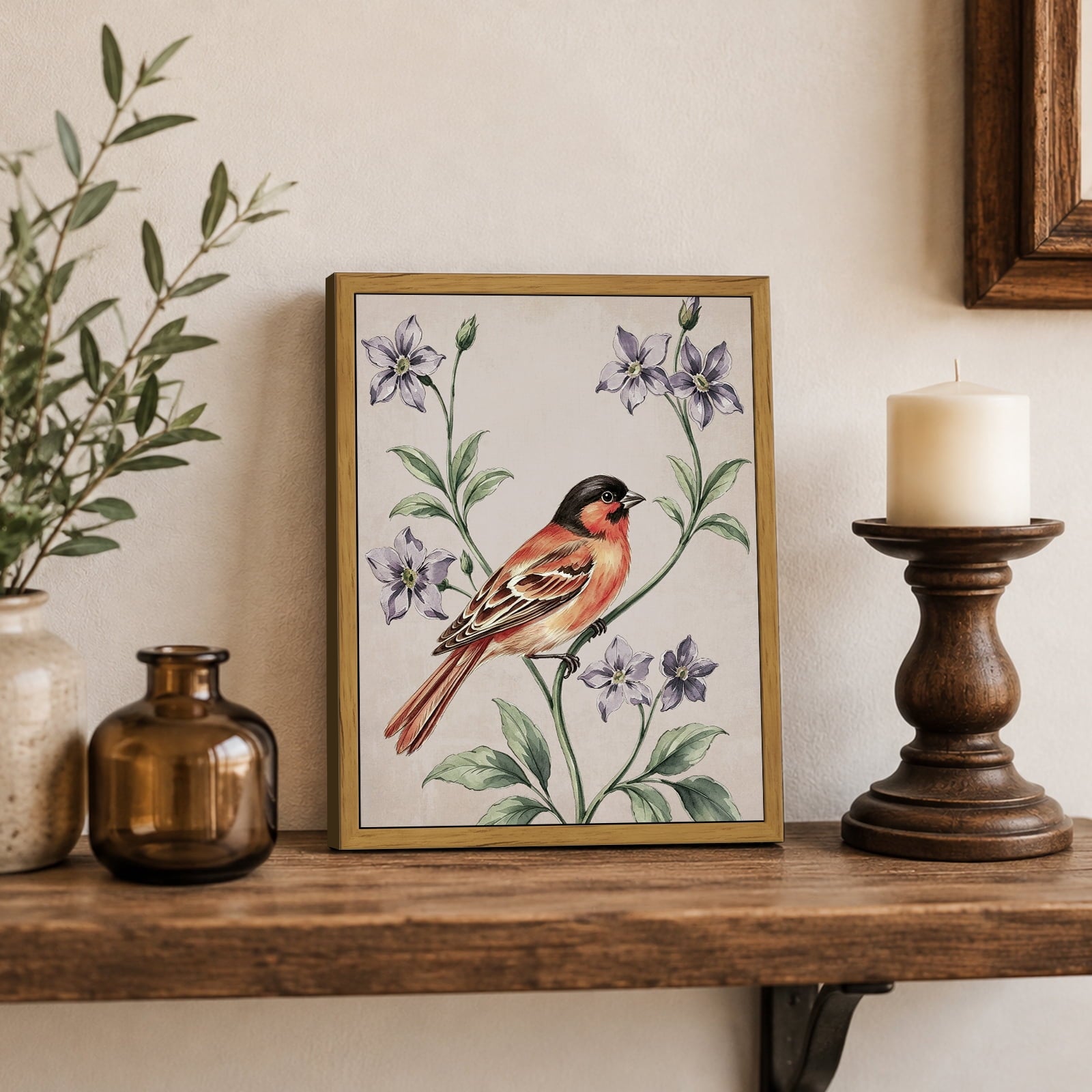 Drsoum Vintage Bird Wall Art Framed Floral Canvas Painting Print 8x10 Inch