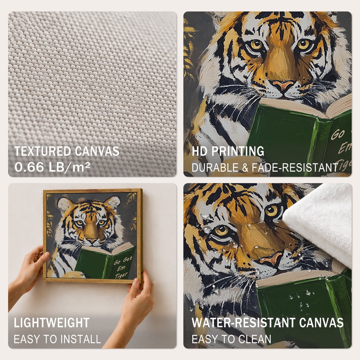 Drsoum Vintage Tiger Reading Book Wall Art Framed Canvas 12x16 Inch