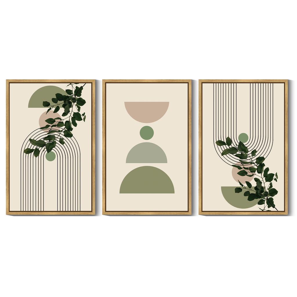 Drsoum Large 24x36in3pcs Natural Framed Bohemia Modern Prints with Green Leaf Wall Art Bedroom Living Room Decor