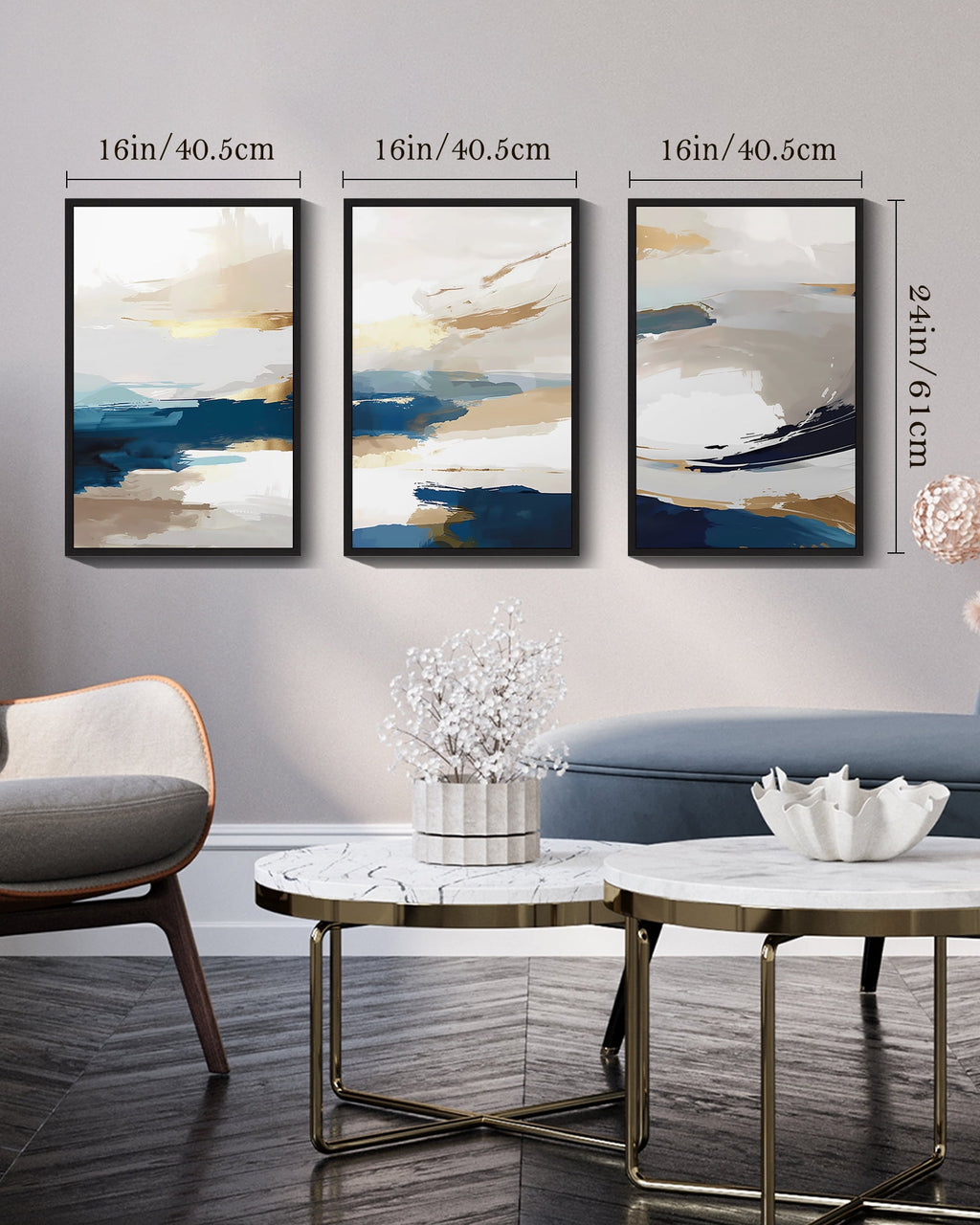 Drsoum 16x24in3pcs Black Framed Blue Abstract Wall Art Modern Minimalist Painting Decor Graffiti Artwork Decor