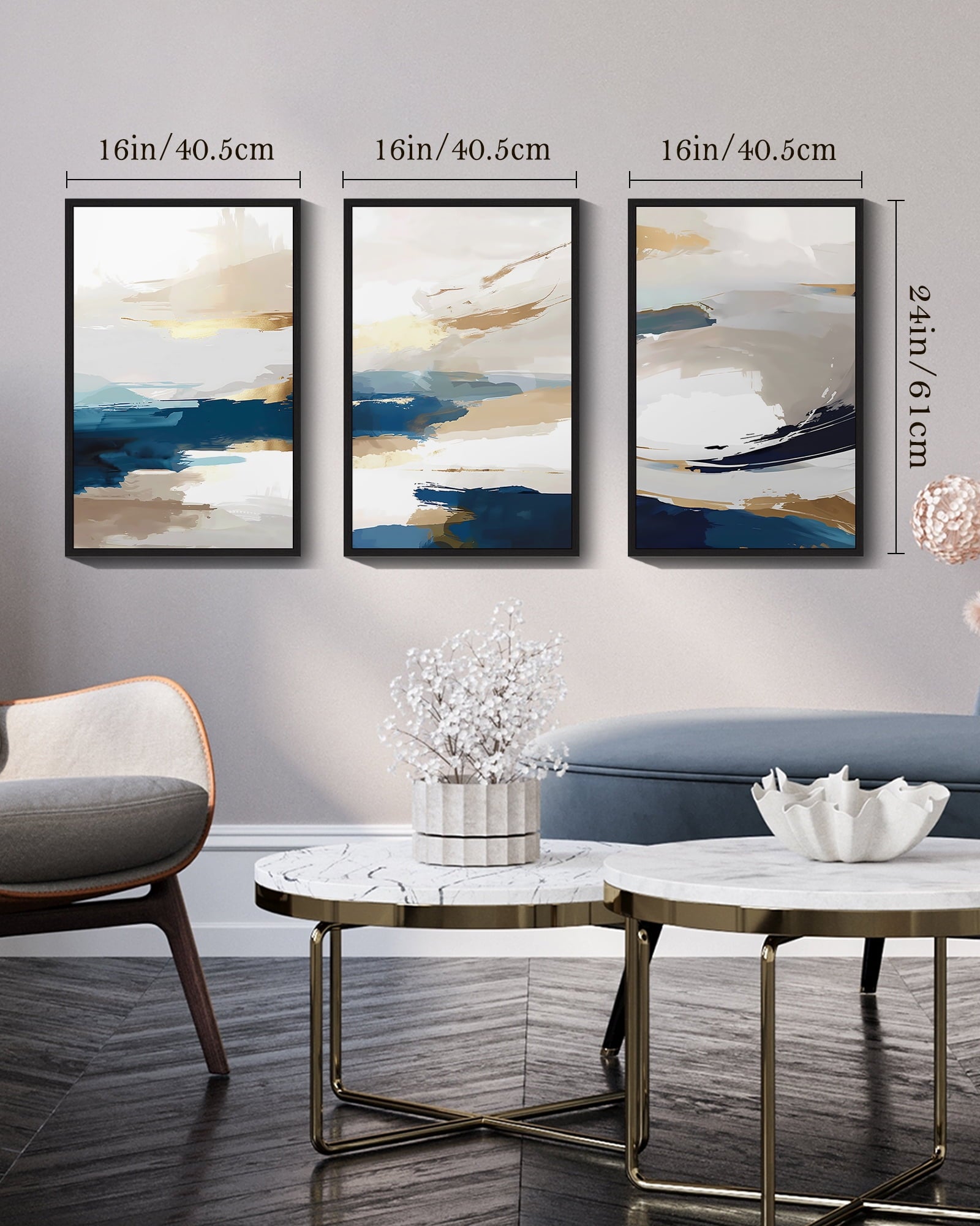 Drsoum 16x24in3pcs Black Framed Blue Abstract Wall Art Modern Minimalist Painting Decor Graffiti Artwork Decor