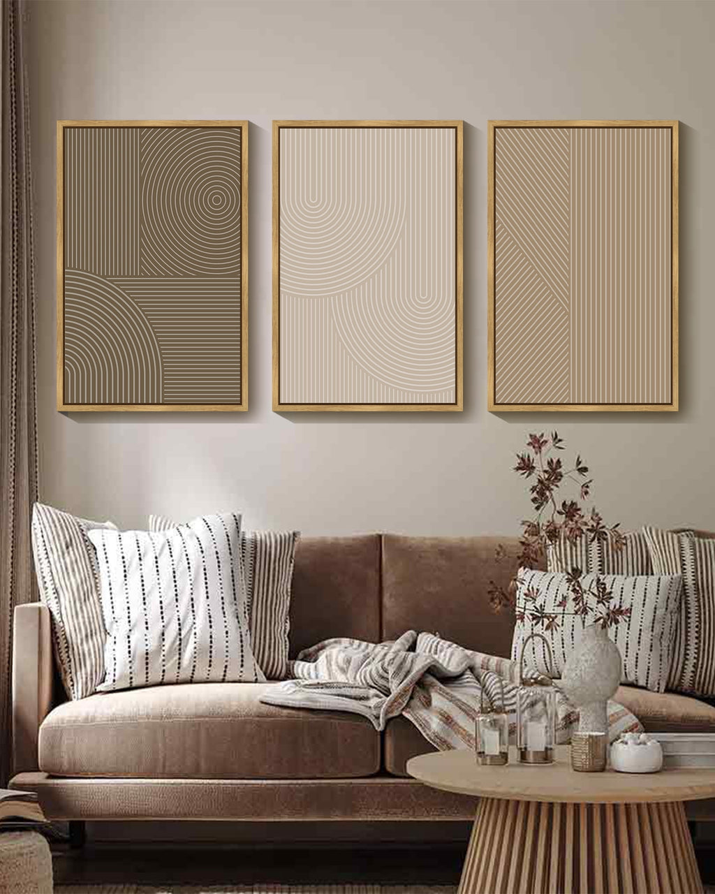 16x24in Natural Framed Minimalist Abstract Framed Wall Art Modern Boho Neutral Line Wall Decor Geometric Artwork Kitchen Dining Room