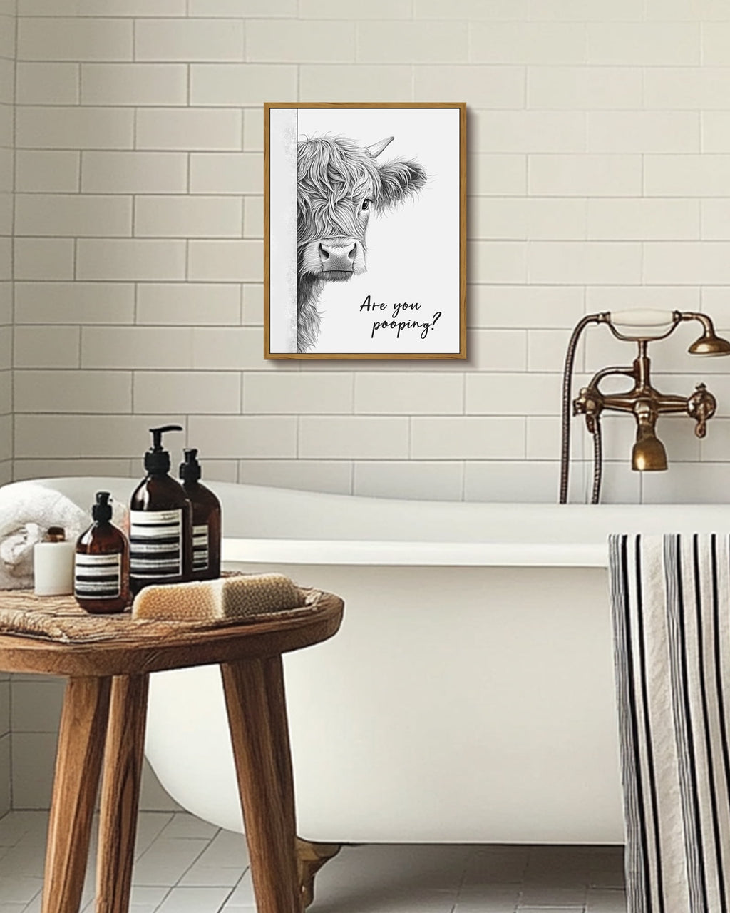 Drsoum Funny Highland Cow Bathroom Wall Art Rustic Farmhouse Wall Decor with Humorous Are You Pooping Canvas Print Cute Animal Canvas Art for Restroom 11x14in Brown Framed