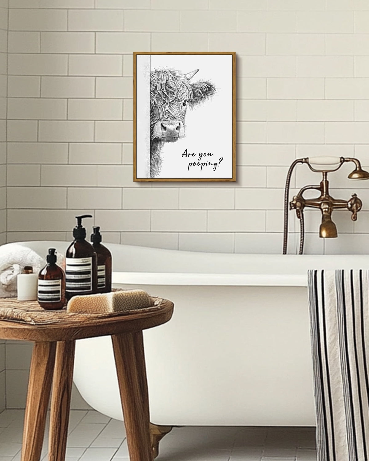 Drsoum Funny Highland Cow Bathroom Wall Art Rustic Farmhouse Wall Decor with Humorous Are You Pooping Canvas Print Cute Animal Canvas Art for Restroom 11x14in Brown Framed
