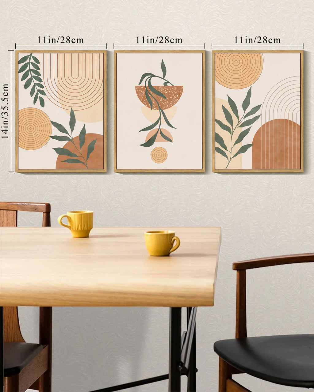 Drsoum Bohemia Wall Art Plant Boho Decor Room Mid Century Modern Abstract Sun Phases Painting 11x14in3pcs Natural Framed