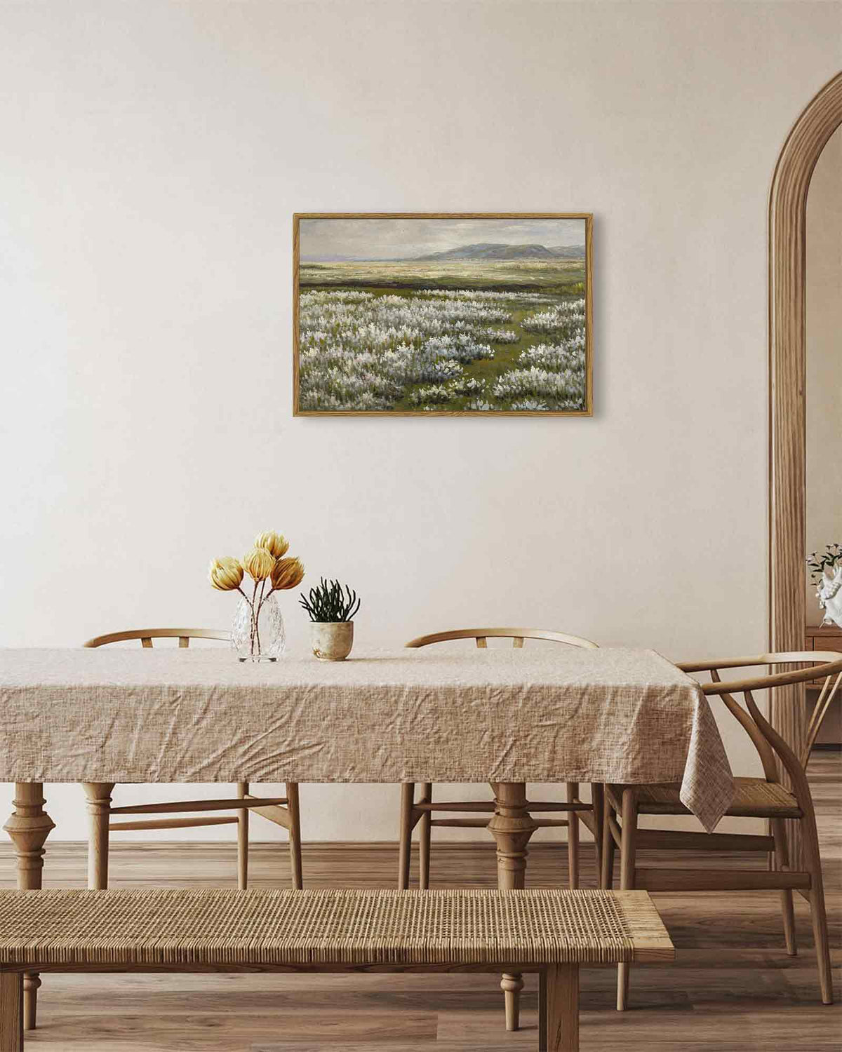 Drsoum 16x24in Landscape Artwork Wall Art Prairie in Full Bloom Prints Farmhouse Hallway Dining Room Office Decor - Natural Framed