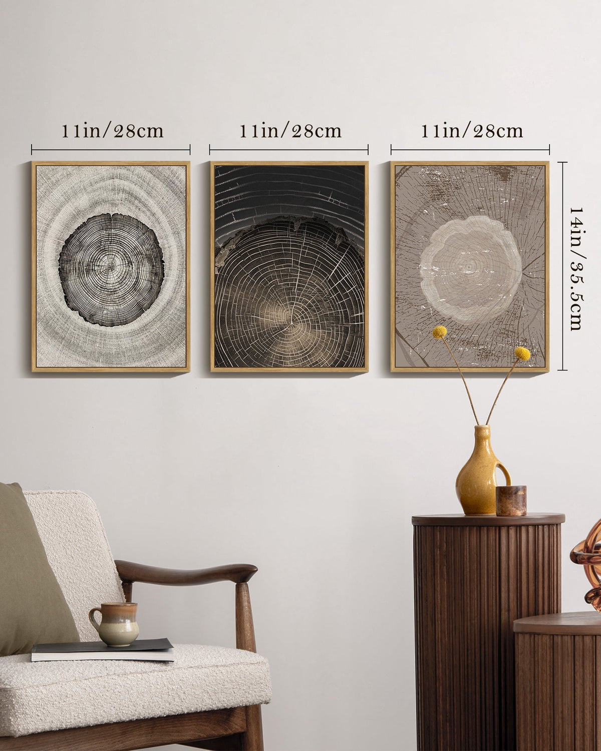 Vintage Wood Tree Rings Wall Art 11x14in Natural Framed Farmhouse Rustic Framed Canvas Paintings Nature Artwork for Office Dining Room Hallway